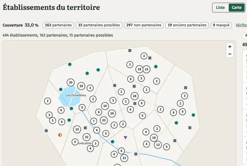 Écran « Établissements du territoire » en vue carte : couverture 33,0 %, 163 partenaires, 15 partenaires possibles, 297 non-partenaires, 19 anciens partenaires ; carte de communes fictives autour d'un lac, établissements regroupés en cercles chiffrés.